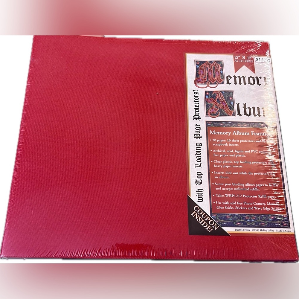 Scrapbook Memory Album 1999 Hobby Lobby 14x13 Top Load Red Canvas Refillable Vtg